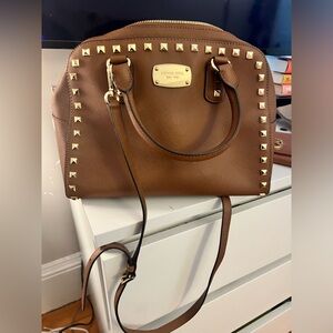 Michael Kors Studded Sandrine Brown Leather Small Satchel Bag